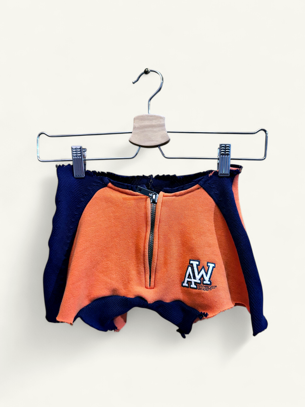 Varsity sweatshirt shorts, orange and navy